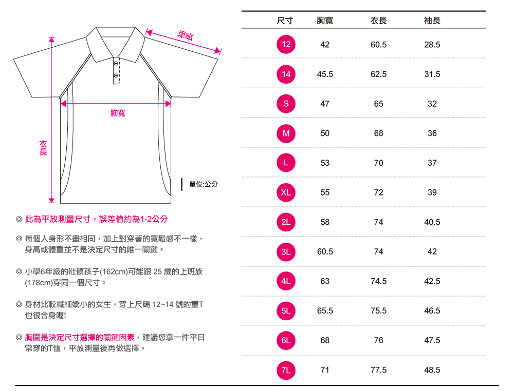 創意家團體服-POLO中性版斜袖短袖尺寸表