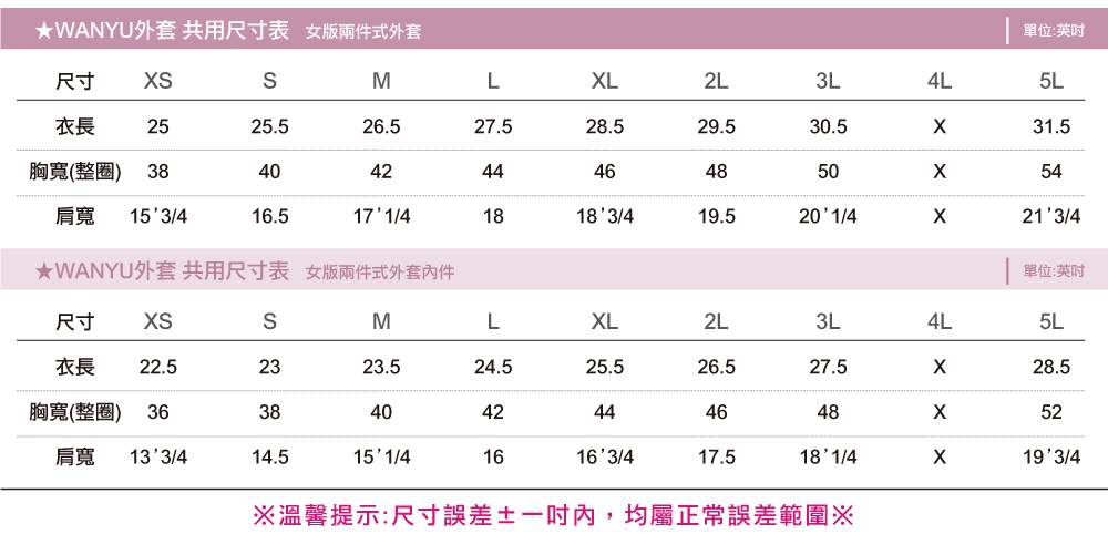 WU女版兩件式外套共用-尺寸表,創e家團體服