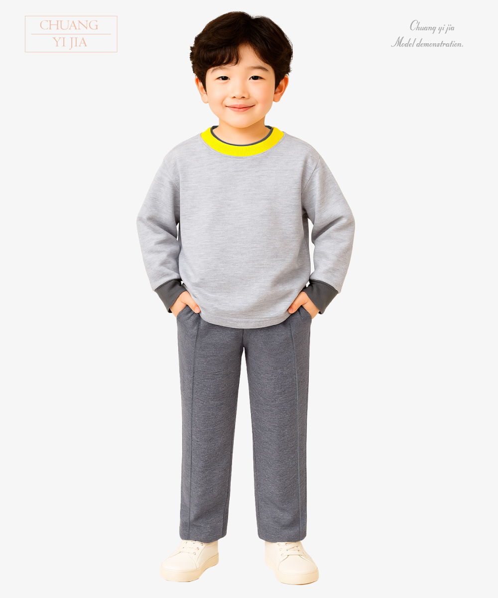 創e家團體服-國小運動服-麻灰配黃 全套正面