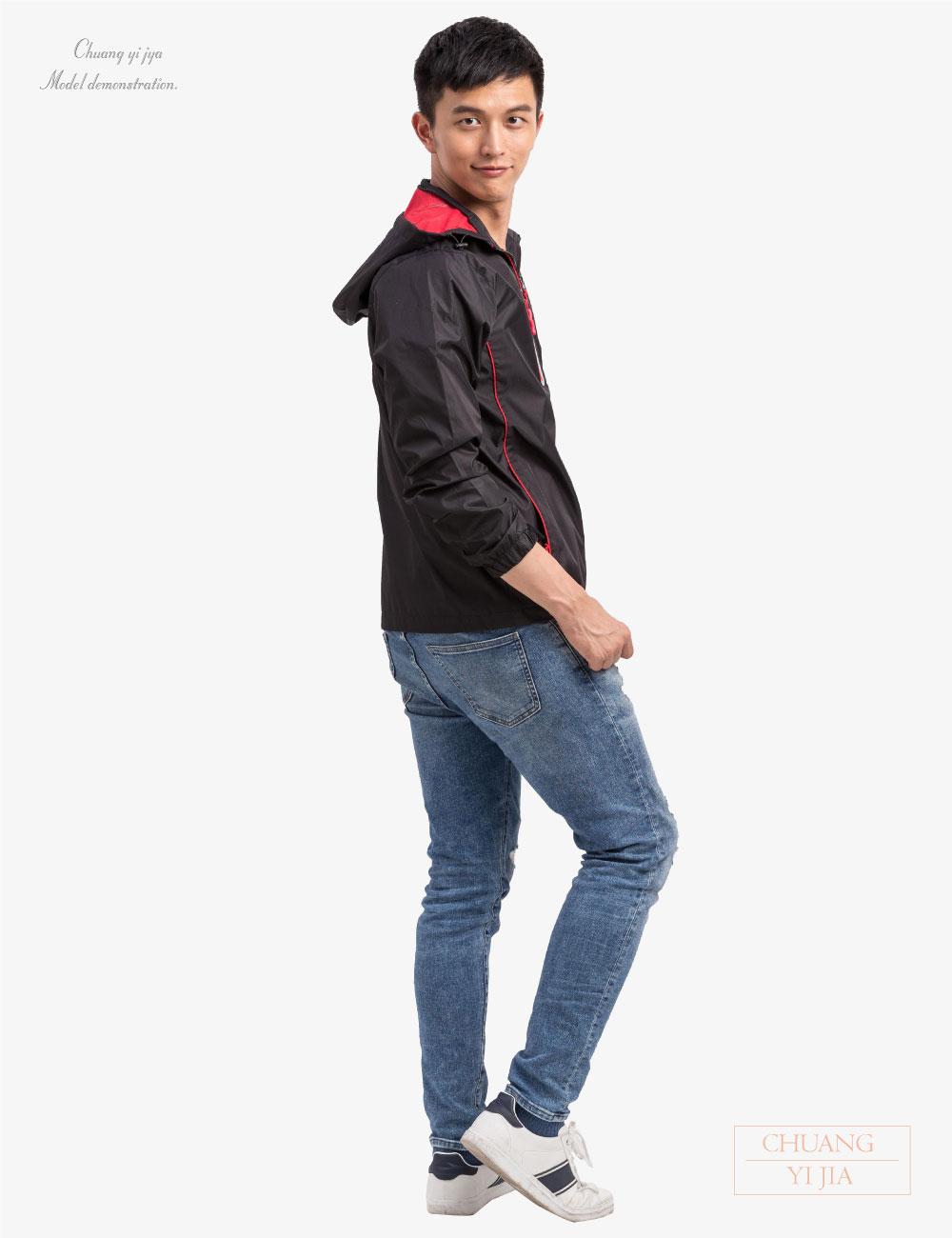 創e家團體服-可拆帽斜紋輕量外套｜黑配紅 正面