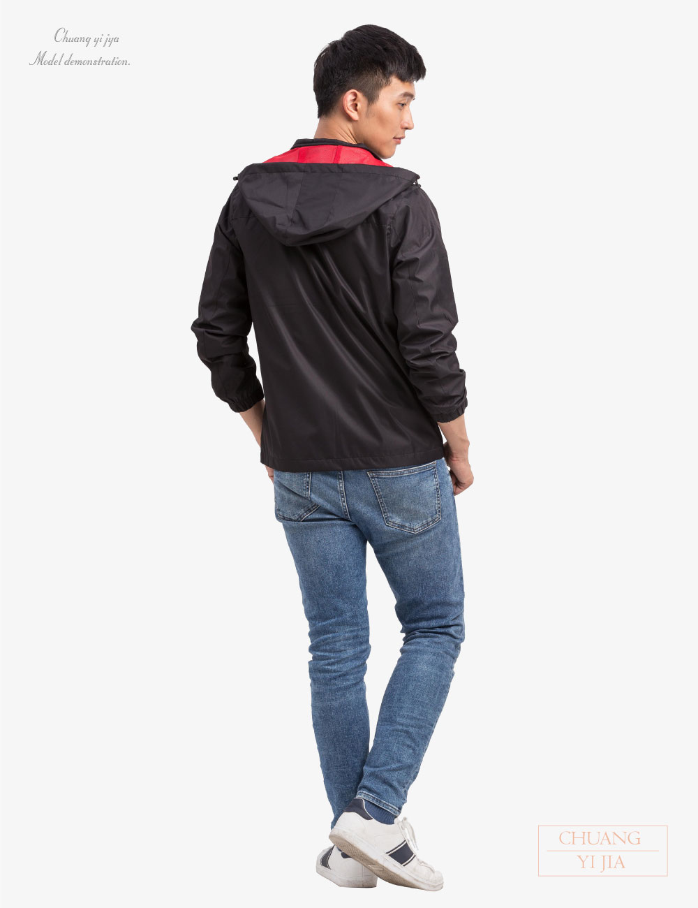 創e家團體服-可拆帽斜紋輕量外套｜黑配紅 背面