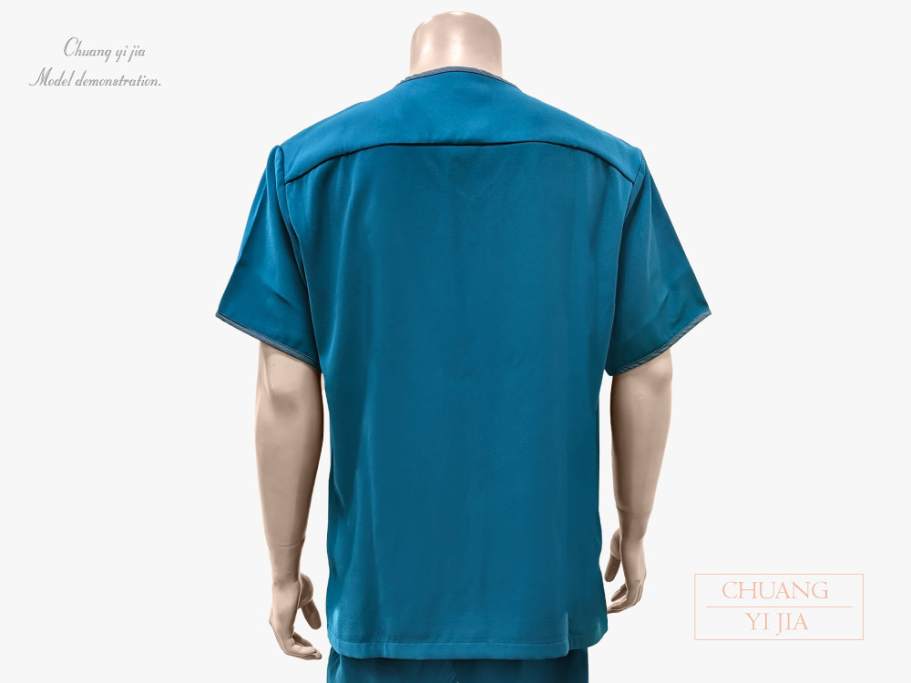 創e家團體服-V領手術服 肩開釦款-中性版-湖水藍 背面