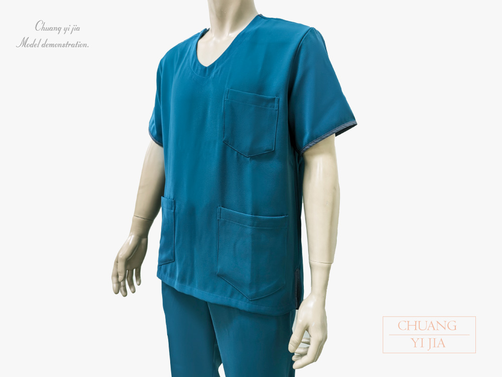 創e家團體服-V領手術服 肩開釦款-中性版-湖水藍 側面