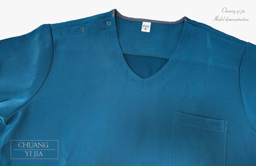 創e家團體服-V領手術服 肩開釦款-中性版-湖水藍 領子