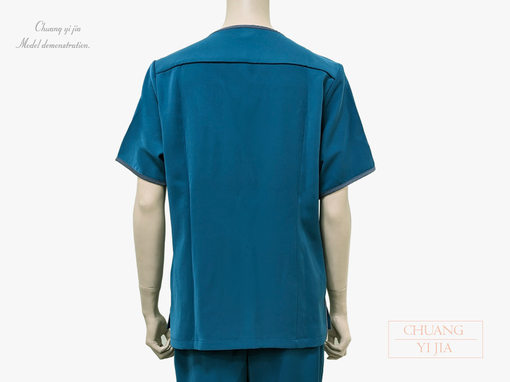 創e家團體服-V領手術服 肩開釦款-腰身版-湖水藍 背面