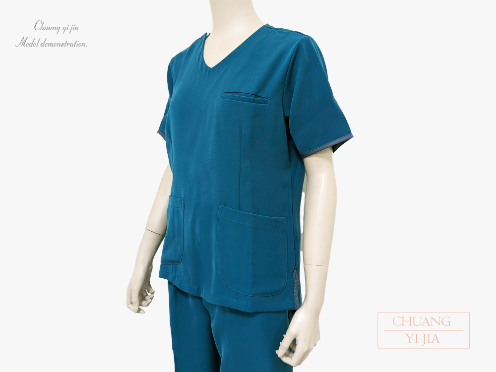 創e家團體服-V領手術服 肩開釦款-腰身版-湖水藍 側面