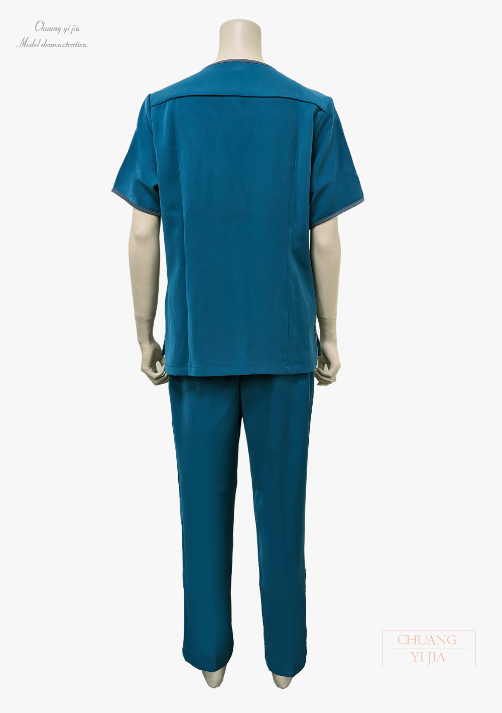 創e家團體服-V領手術服 肩開釦款-腰身版-湖水藍 全套背面