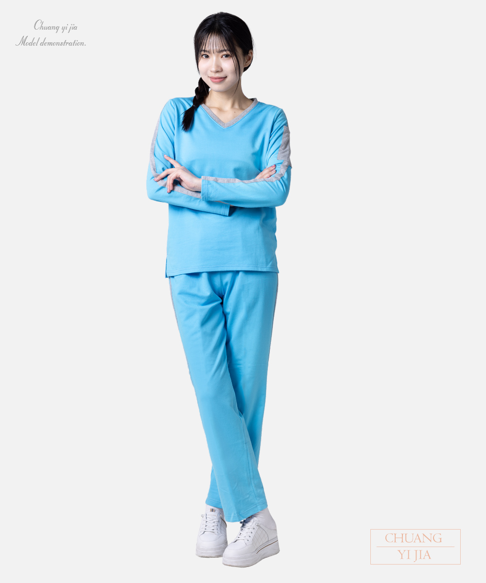 創e家團體服-健檢服-水藍配灰 正面全身