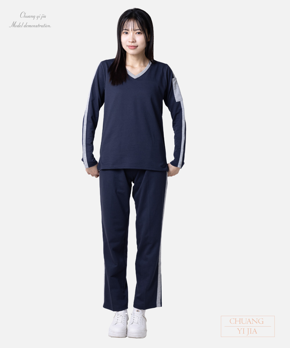 創e家團體服-健檢服-丈青配灰 正面全身