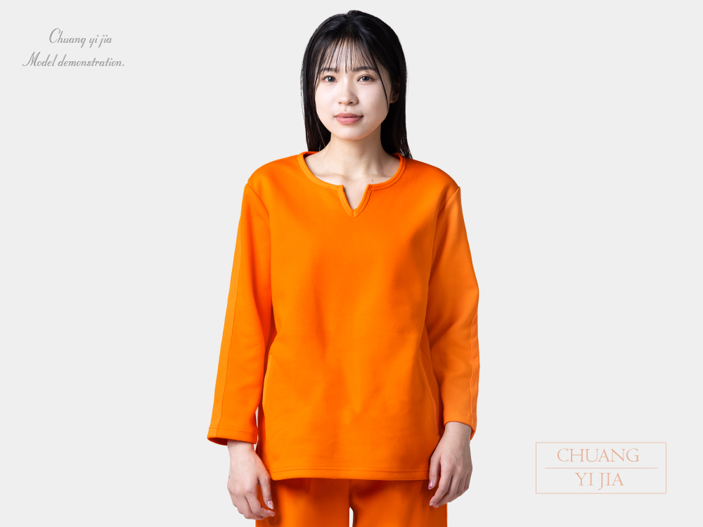 創e家團體服-健檢服 女版 貼條+滾領 橘色 正面