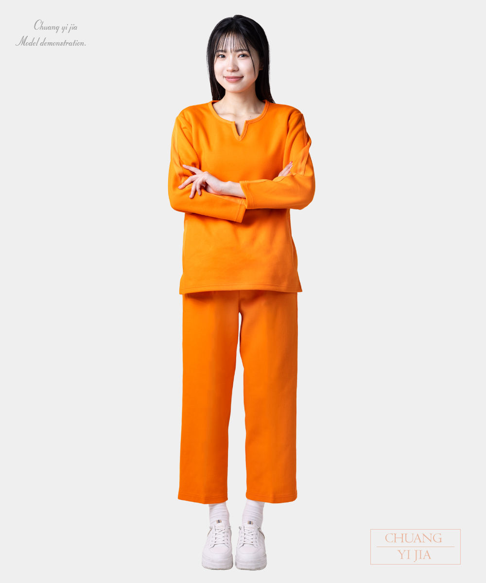 創e家團體服-健檢服 女版 貼條+滾領 橘色 正面
