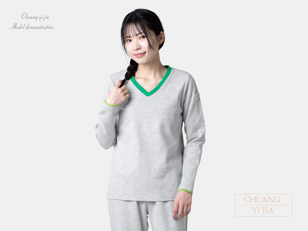 創e家團體服-健檢服 女版 麻灰配綠 正面