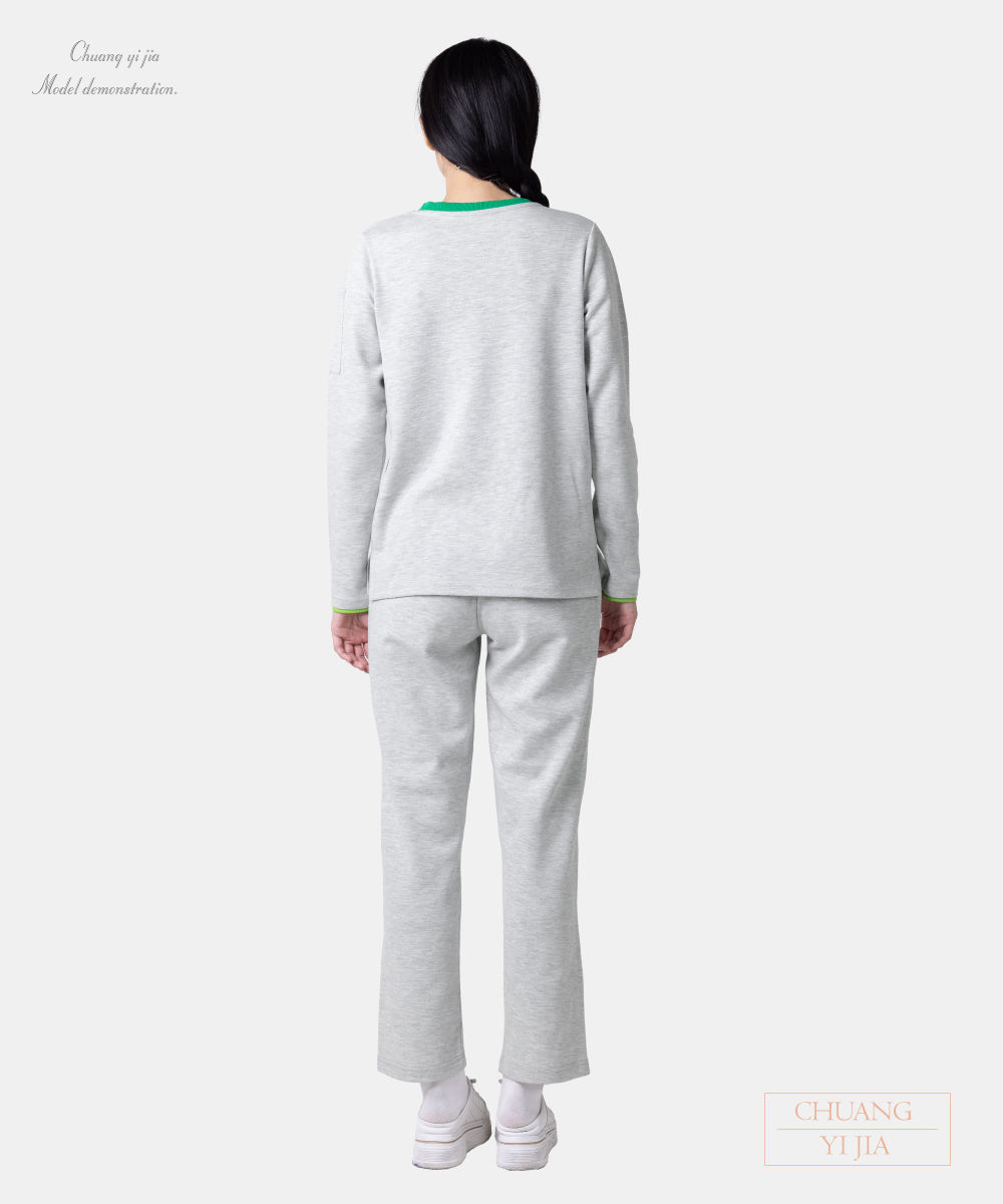 創e家團體服-健檢服 女版 麻灰配綠 背面