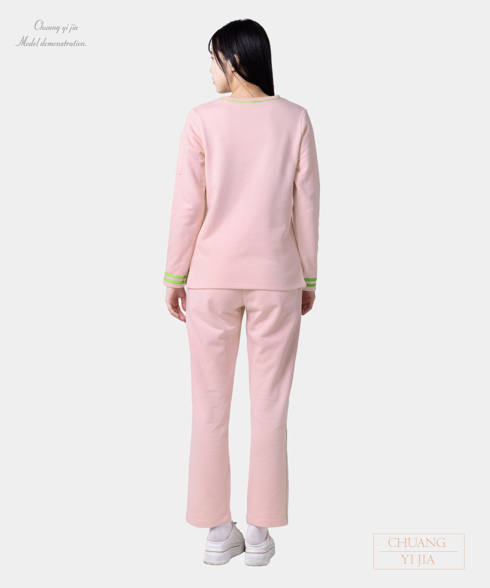 創e家團體服-健檢服 女版 粉紅配綠 背面
