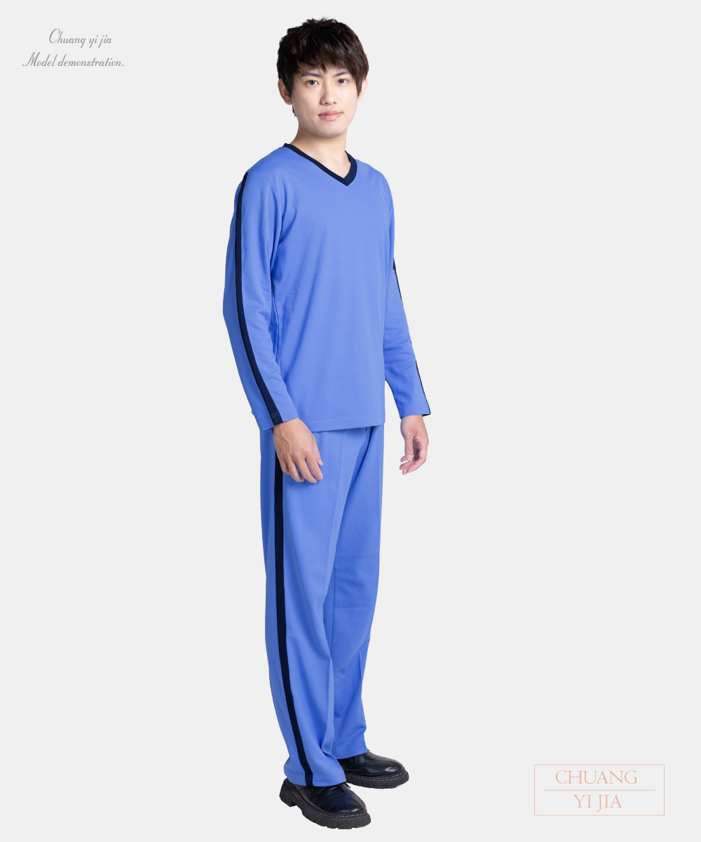 創e家團體服-健檢服 男版 藍紫配丈青 側面