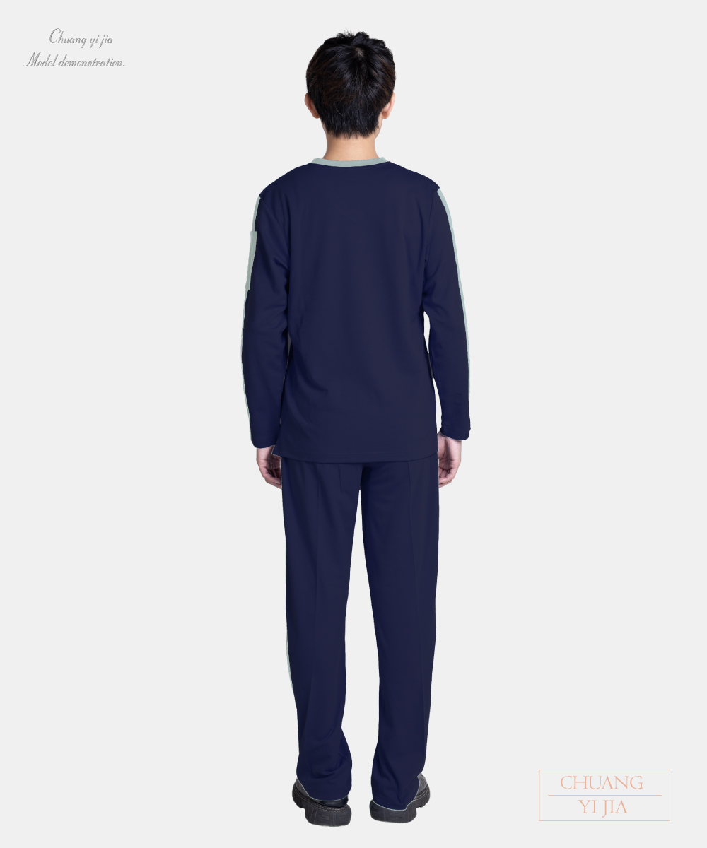 創e家團體服-健檢服 男版  丈青配灰 背面