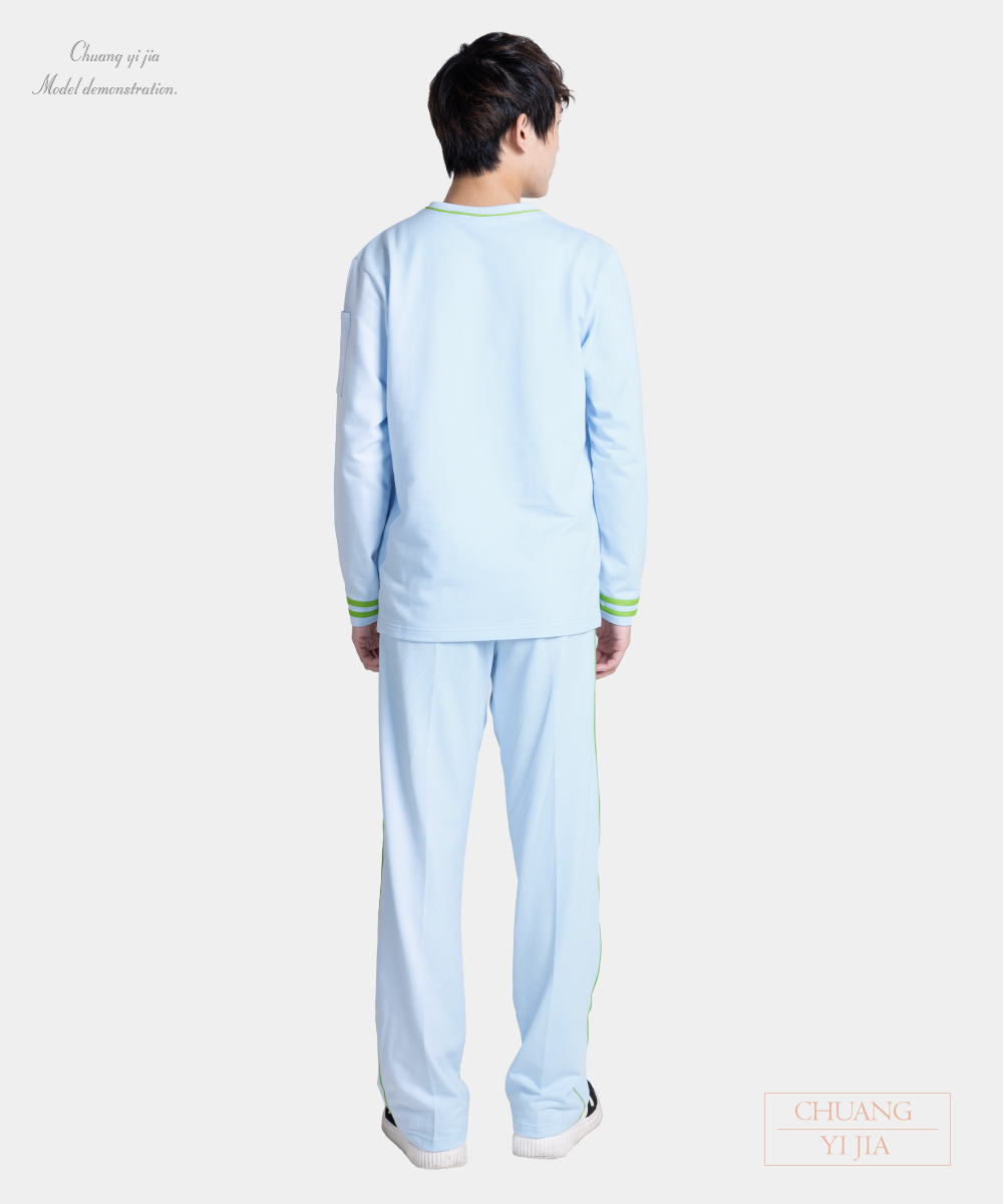 創e家團體服-健檢褲 水藍配綠 背面全套