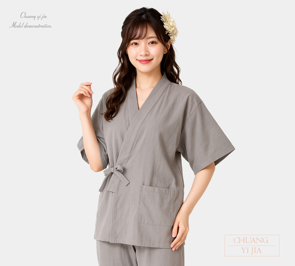 創意家團體服-健檢服 日式款｜中性版 灰色-女正面示意