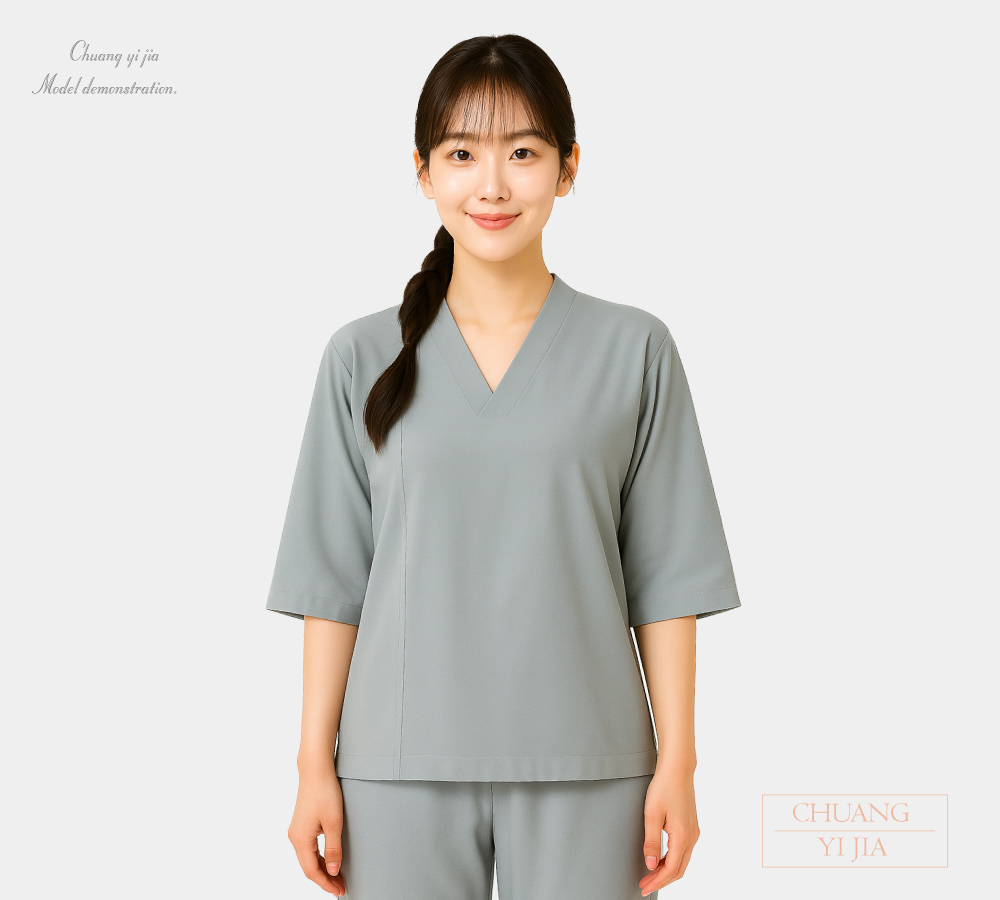 創e家團體服-健檢服 女版 V領款 灰 正面
