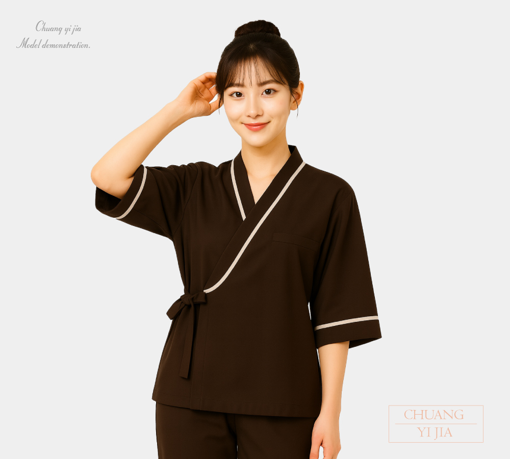 創e家團體服-健檢服 女版 日式款 咖啡配卡其 正面