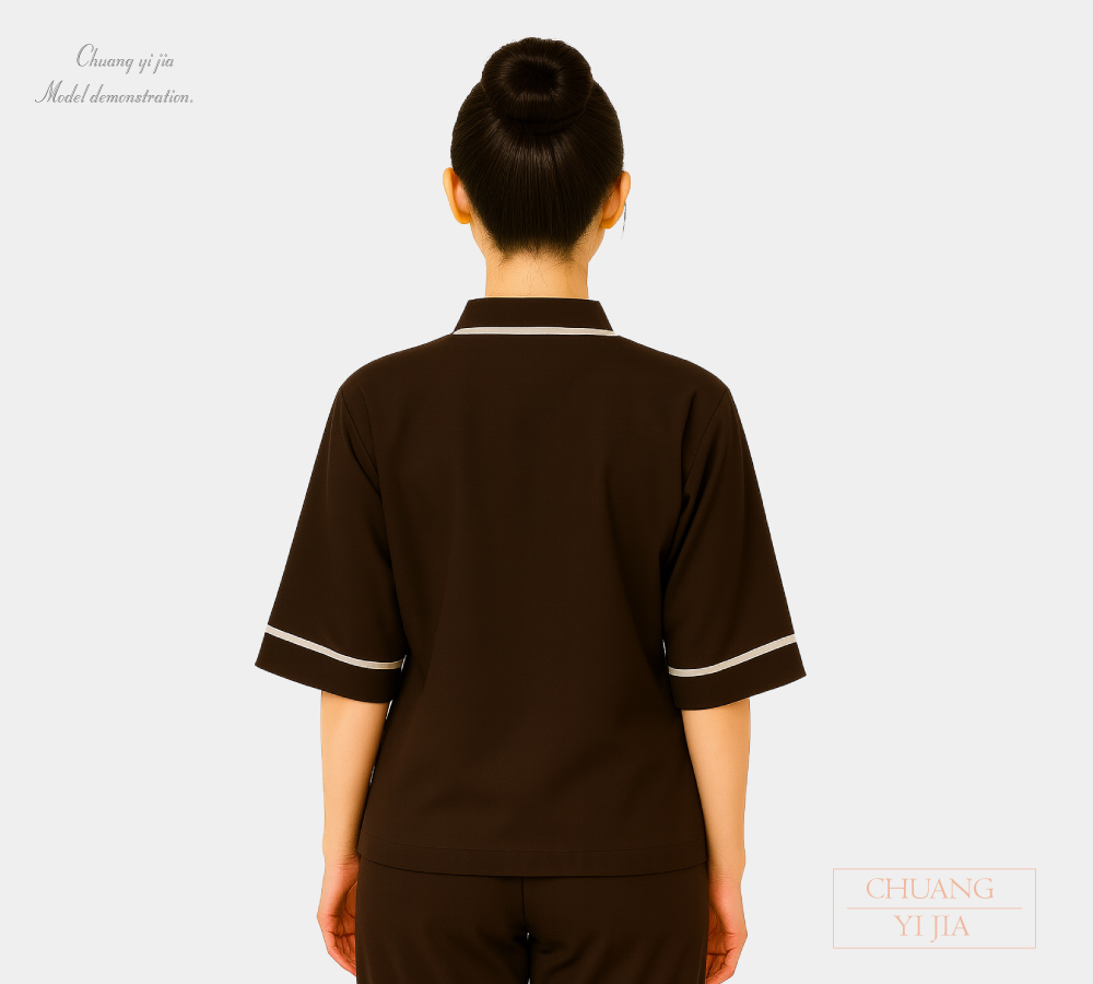 創e家團體服-健檢服 女版 日式款 咖啡配卡其 背面