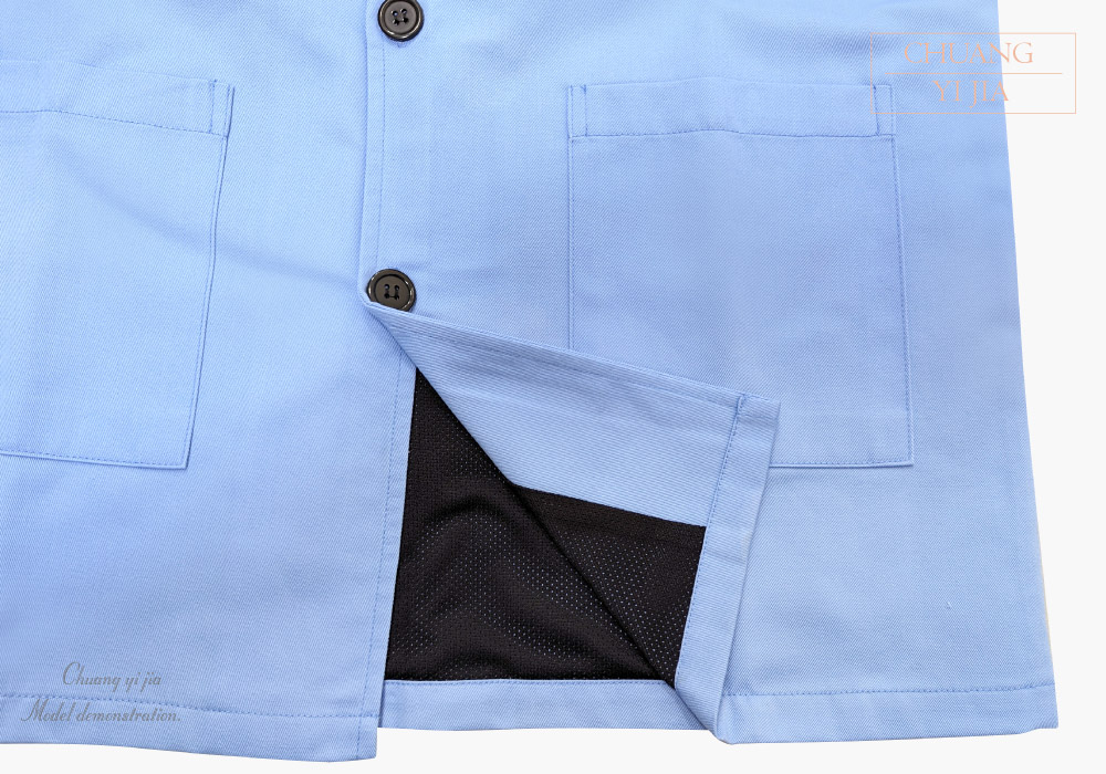 創e家團體服-服務背心-平擺釦子款-加內裡腰貼袋-水藍 正面平拍