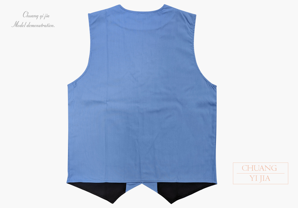 創e家團體服-服務背心-尖擺釦子-加內裡腰貼袋-中藍 背面平拍