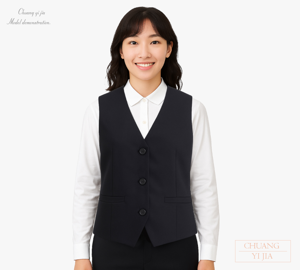 創e家團體服-女版套裝背心 暗袋 釦子款 黑-正面