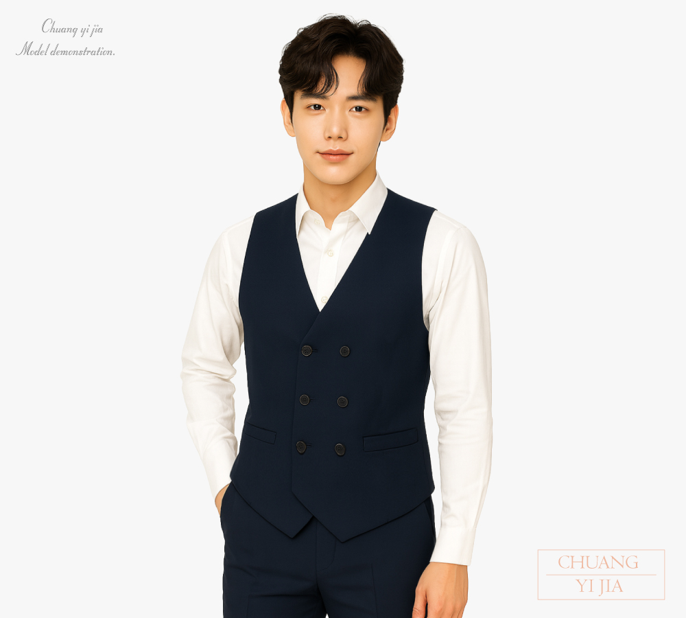 創意家團體服-西裝背心 暗袋｜雙排釦款 丈青-正面示意