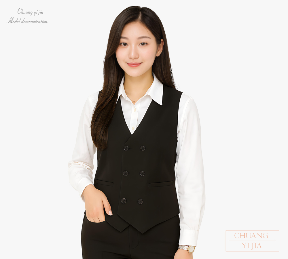 創意家團體服-女版西裝背心 暗袋｜雙排釦款 黑-正面示意