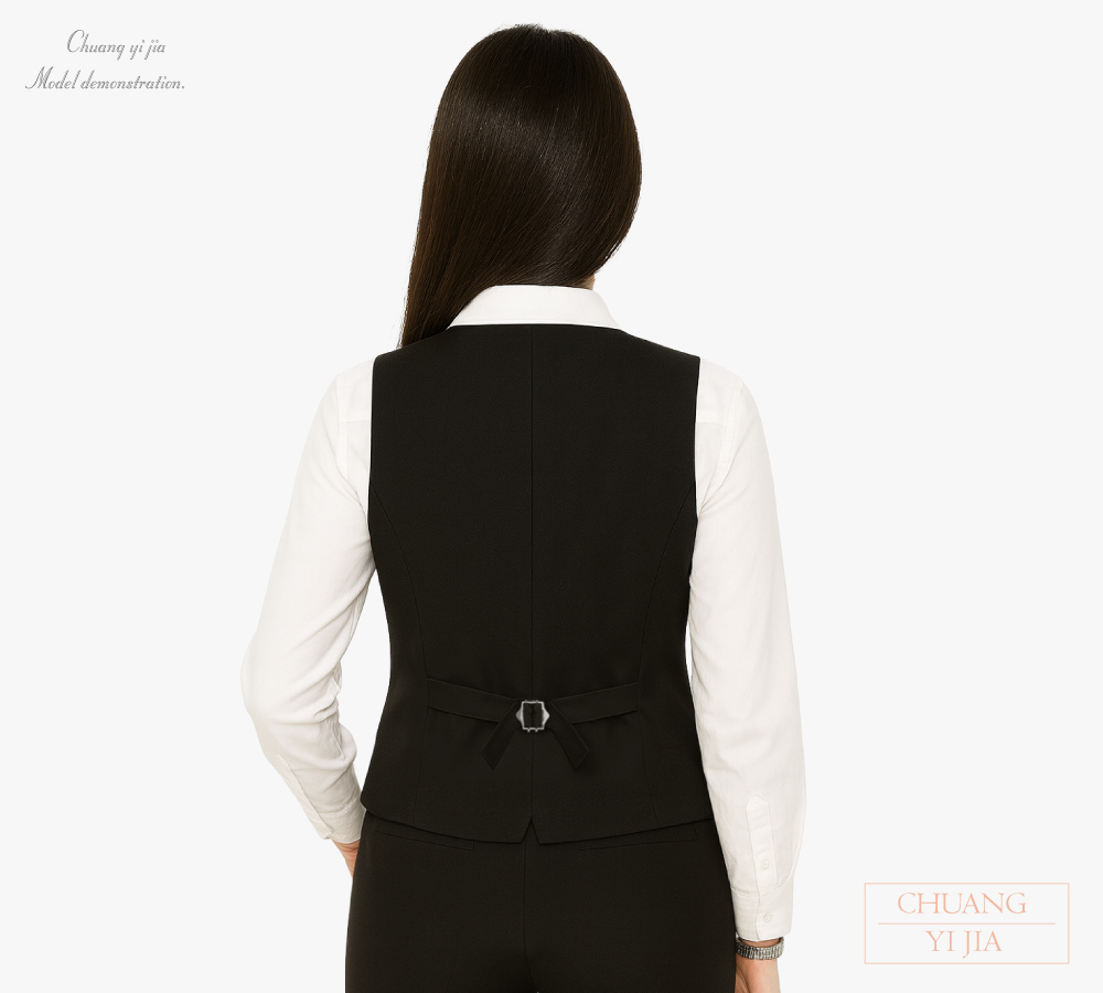 創意家團體服-女版西裝背心 暗袋｜雙排釦款 黑-背面示意