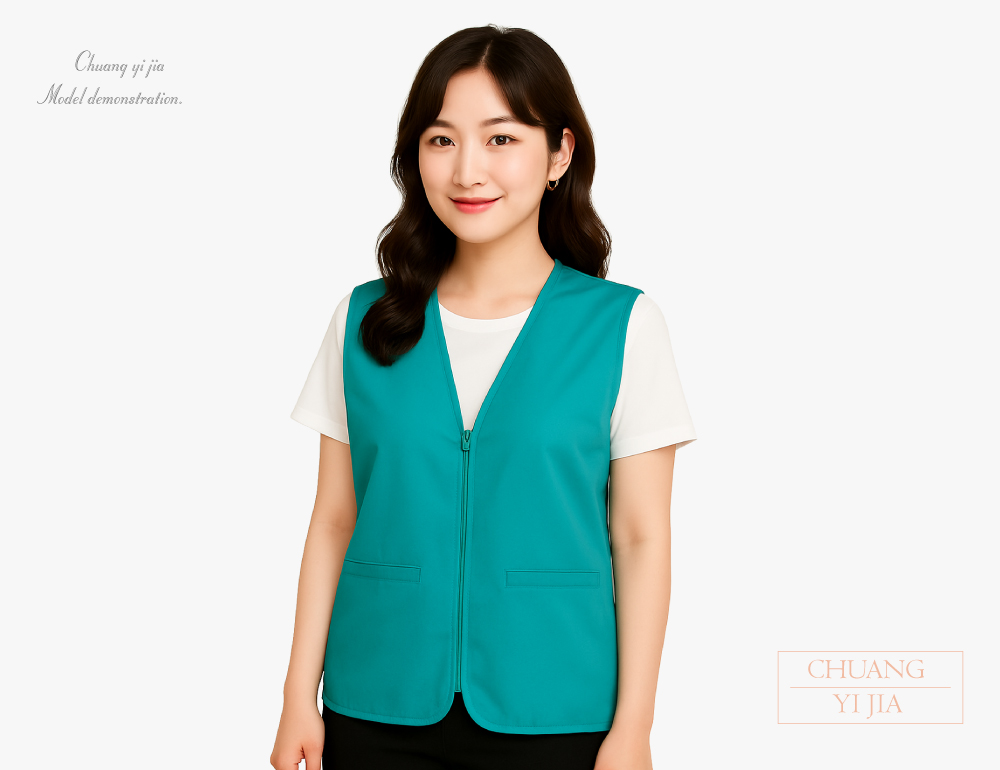 創意家團體服-服務人員背心｜拉鍊訂製款｜下擺鬆緊帶-綠-正面示意