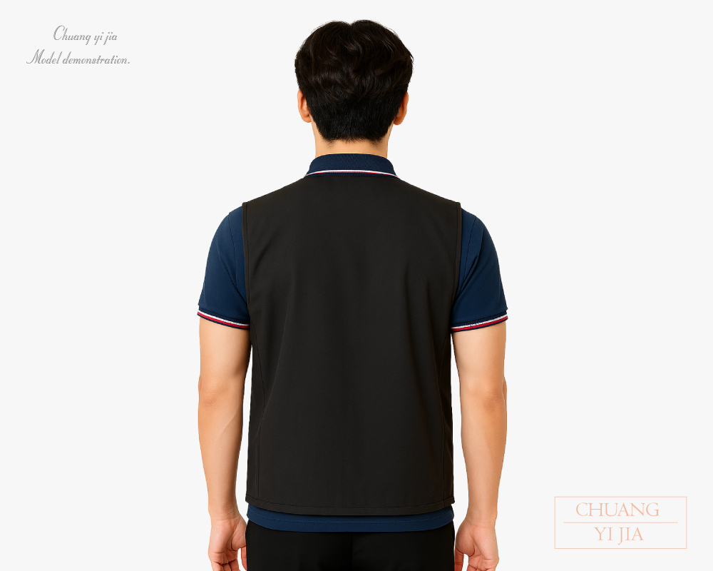創意家團體服-服務背心訂製 拉鍊款|剪接貼袋 黑拼灰-背面示意