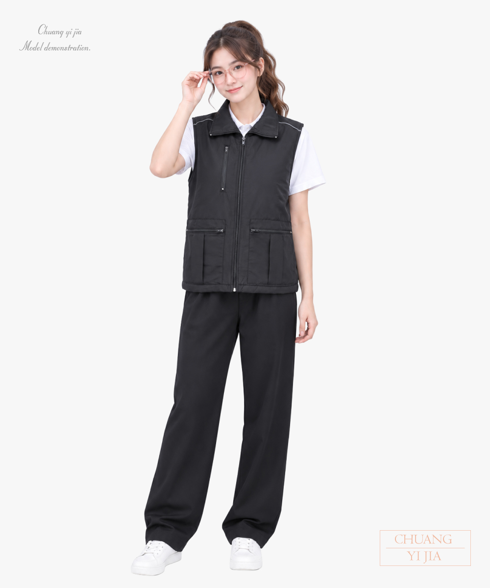創意家團體服-工務工作背心|反光出芽設計-黑-正面全身示意