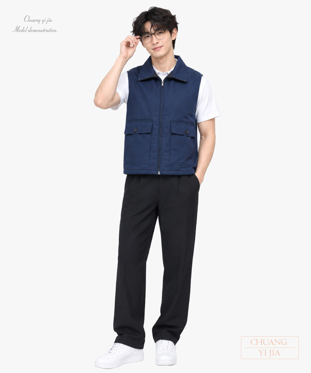 創意家團體服-機能工作背心｜翻領拉鍊款-丈青-正面全身示意