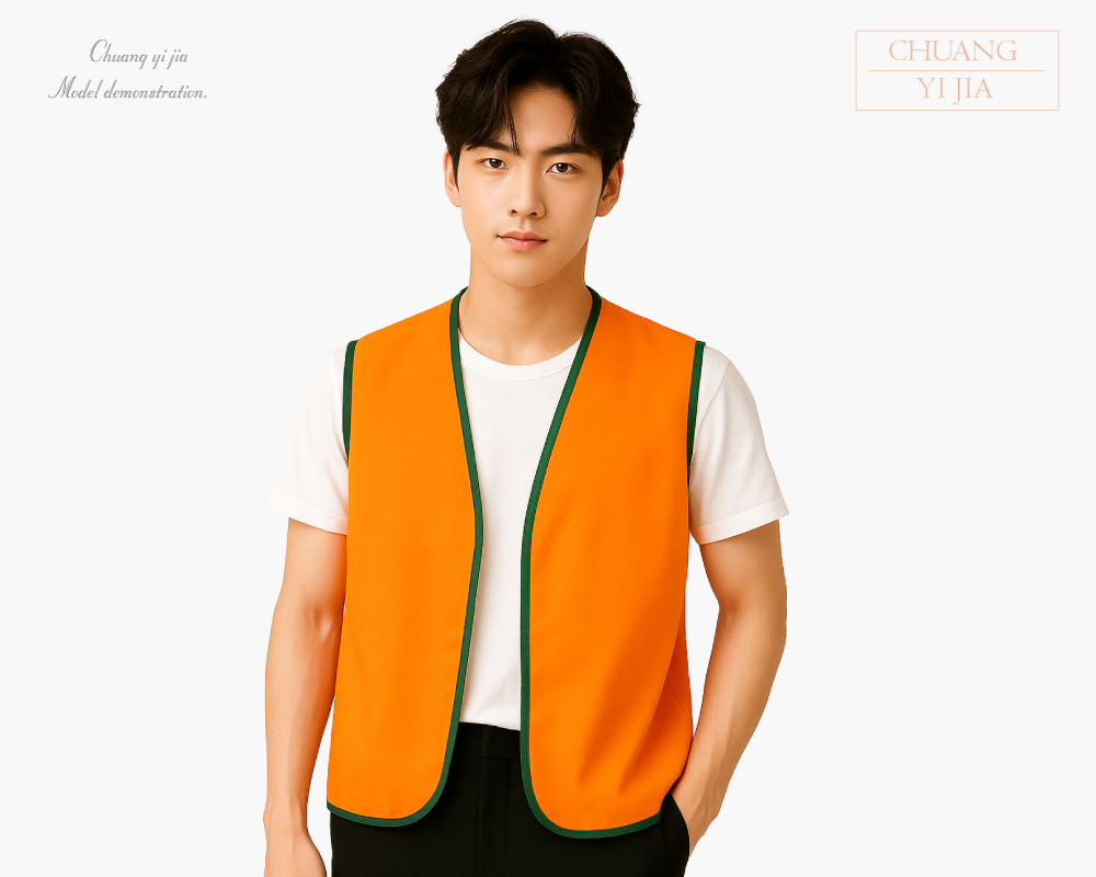 創意家團體服-活動背心訂製款｜桔滾綠-正面示意