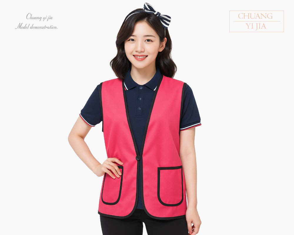 創意家團體服-活動背心訂製｜釦子款｜桃紅滾黑-正面示意