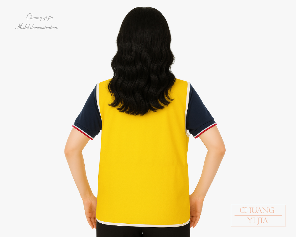 創意家團體服-活動背心訂製｜釦子款｜圓角口袋 黃滾白-背面示意