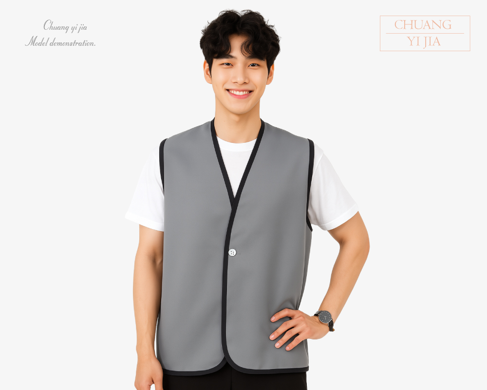 創意家團體服-活動背心訂製｜釦子款｜灰滾黑-正面示意