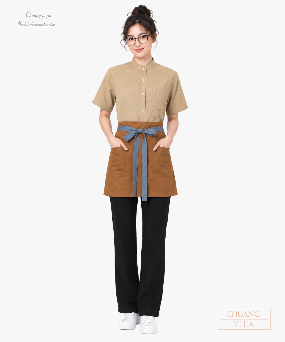 創意家團體服-咖啡廳半截工作圍裙｜雙口袋＋內袋收納-咖啡配灰 正面示意