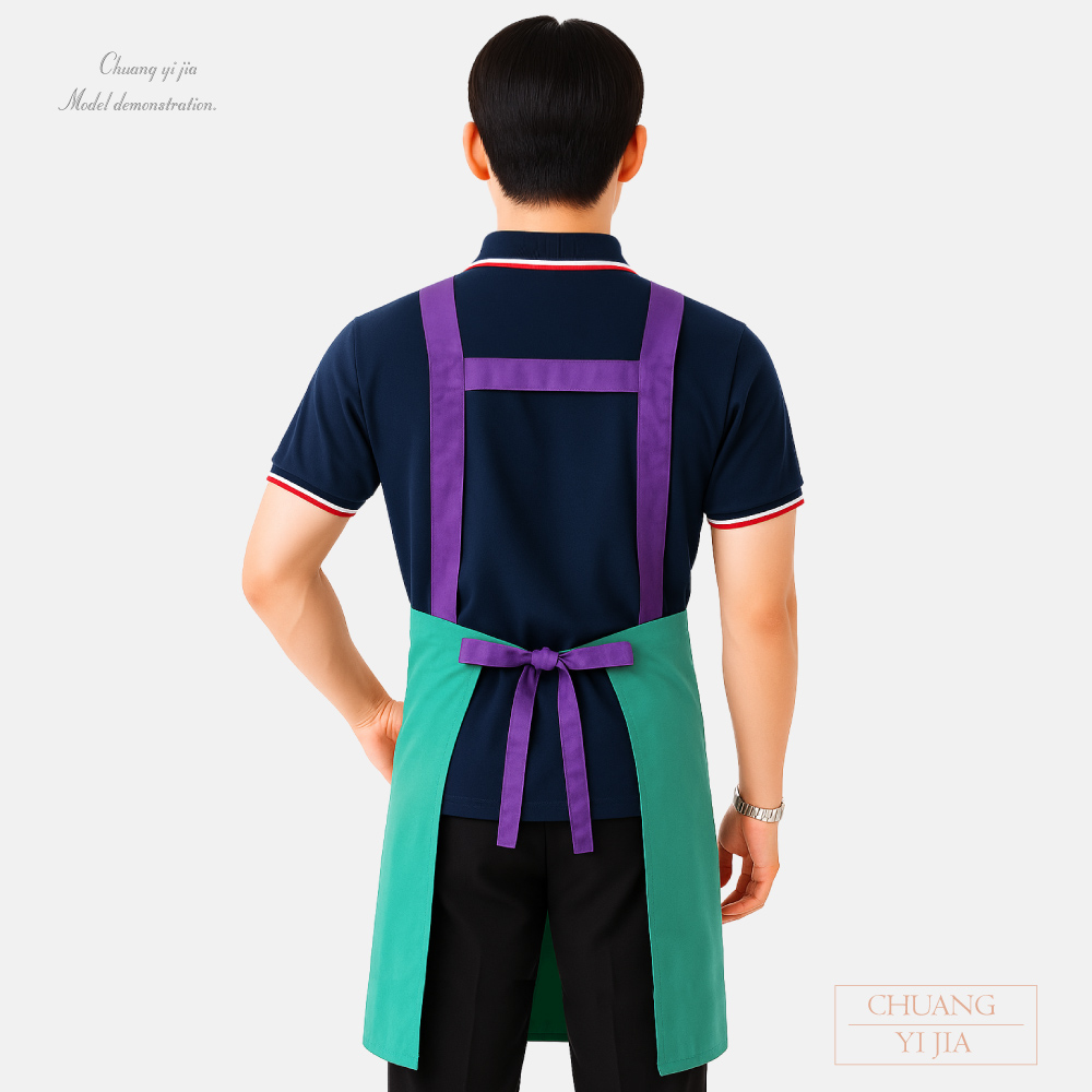 創意家團體服-教保員圍裙/日式風格/多口袋圍裙-4口袋造型-湖綠配紫-背面