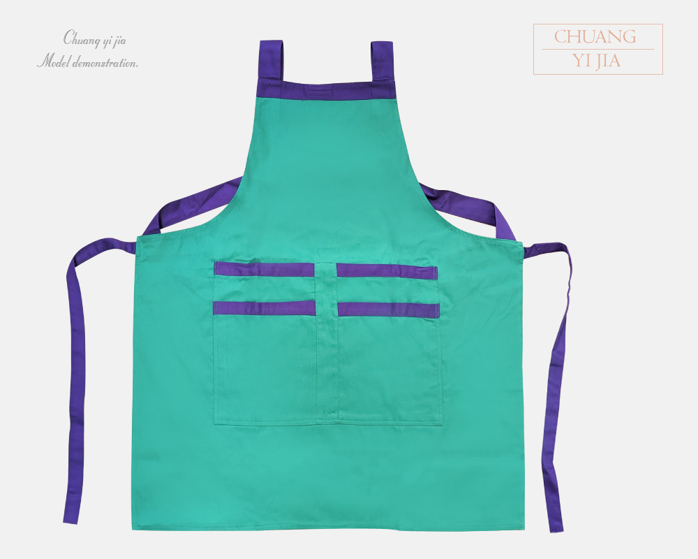 創意家團體服-教保員圍裙/日式風格/多口袋圍裙-4口袋造型-湖綠配紫-正面平拍