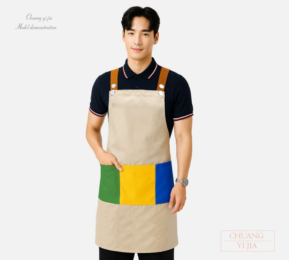 創意家團體服-文具店圍裙/日式風格/多口袋圍裙-3口袋撞色款-卡其配綠黃藍-正面