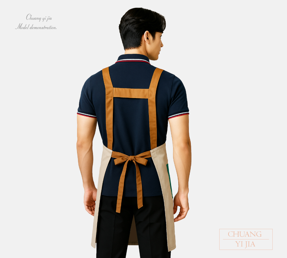 創意家團體服-文具店圍裙/日式風格/多口袋圍裙-3口袋撞色款-卡其配綠黃藍-背面