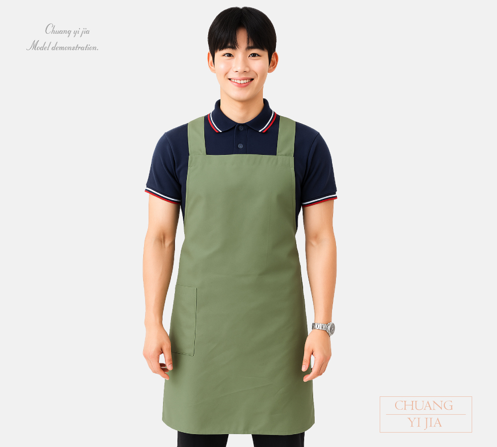 創意家團體服-文青環保圍裙/日式風格/簡約圍裙-霧綠-正面