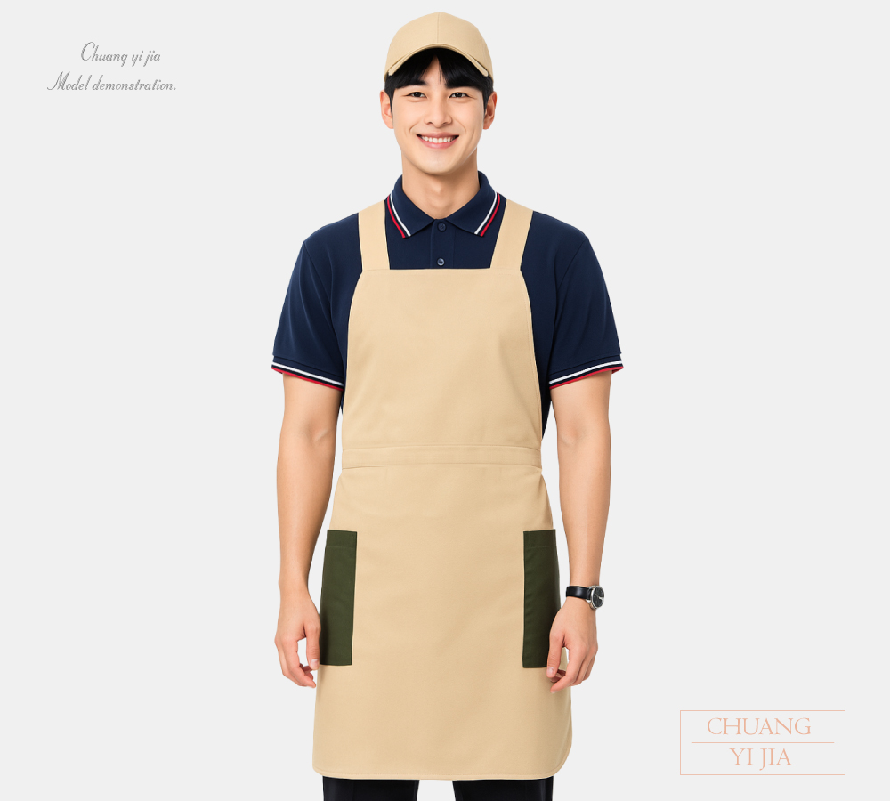 創意家團體服-保姆圍裙/日式風格/後釦設計-卡其配墨綠-正面