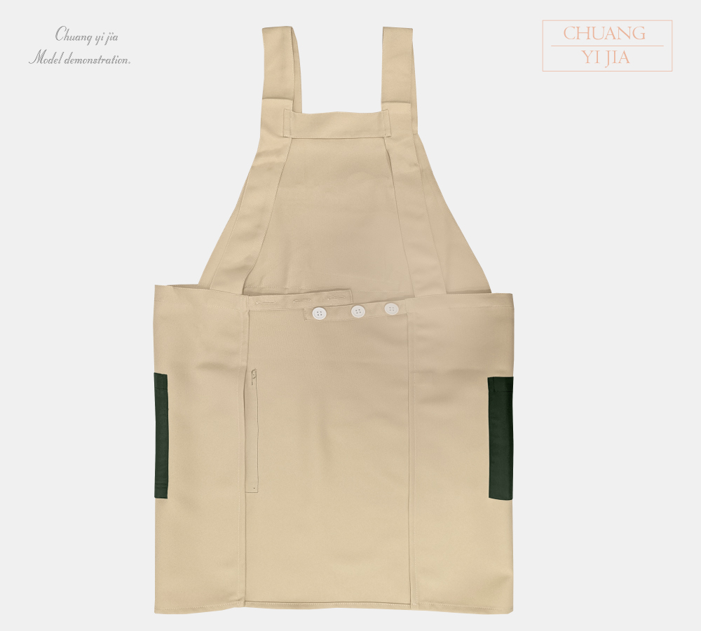創意家團體服-保姆圍裙/日式風格/後釦設計-卡其配墨綠-背面平拍