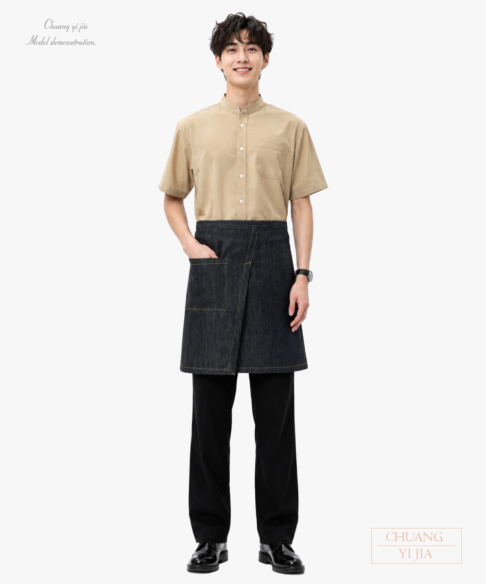 創意家團體服-半截圍裙訂製|餐飲半截工作圍裙|斜襬設計-牛仔灰 正面示意
