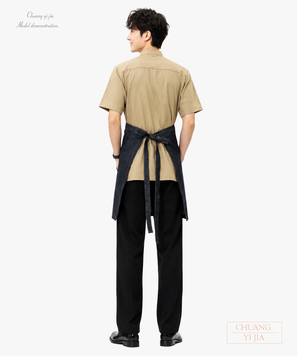 創意家團體服-半截圍裙訂製|餐飲半截工作圍裙|斜襬設計-牛仔灰 背面示意