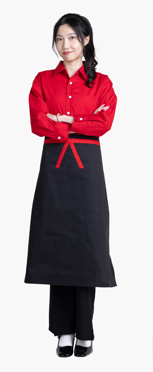 創e家團體服-飯店圍裙/半截圍裙 訂製圍裙-黑配紅結-側面